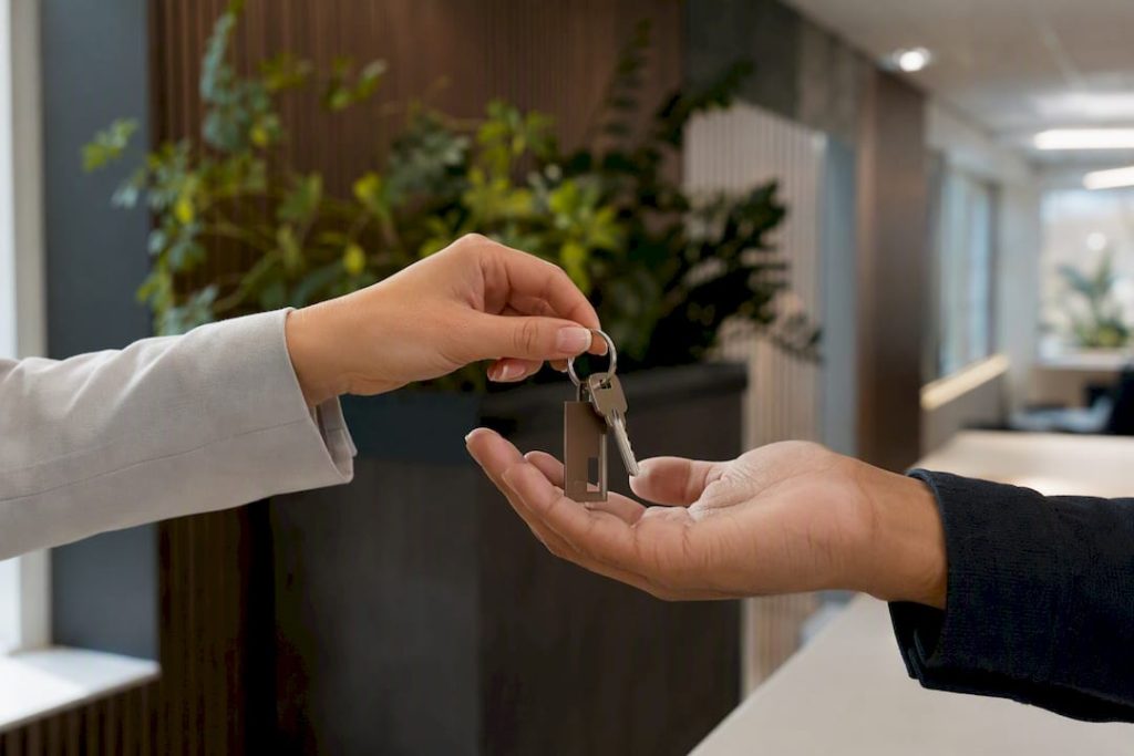Twee handen die een huissleutel met sleutelhanger aan elkaar overdragen.