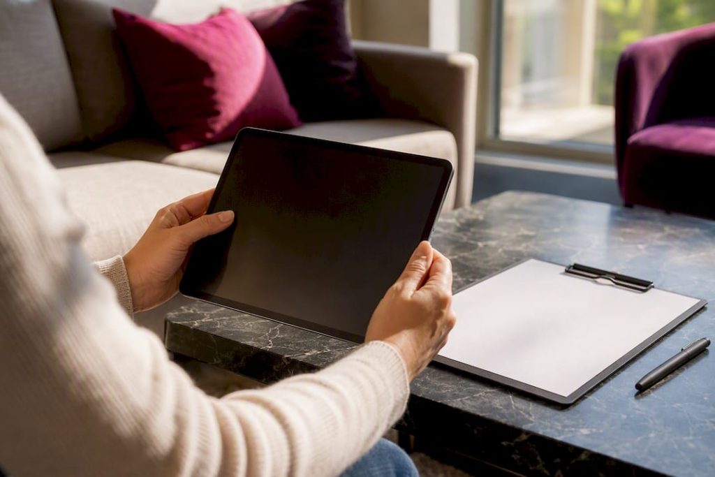 Handen die een tablet vasthouden met een leeg scherm