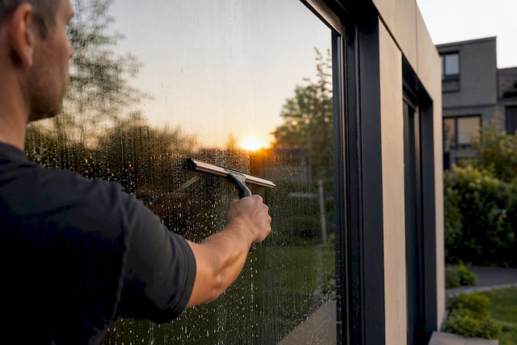 Persoon die een dubbel glas raam schoonmaakt