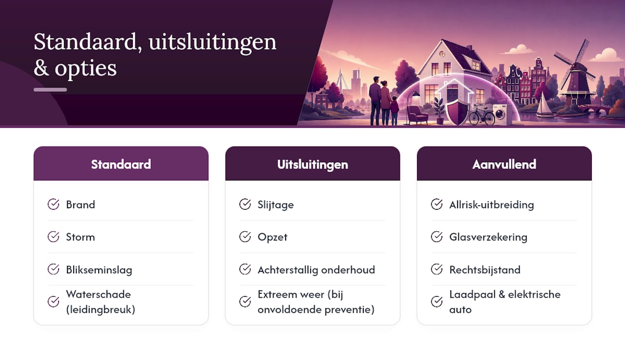 Wat is standaard gedekt en wat niet? — overview diagram