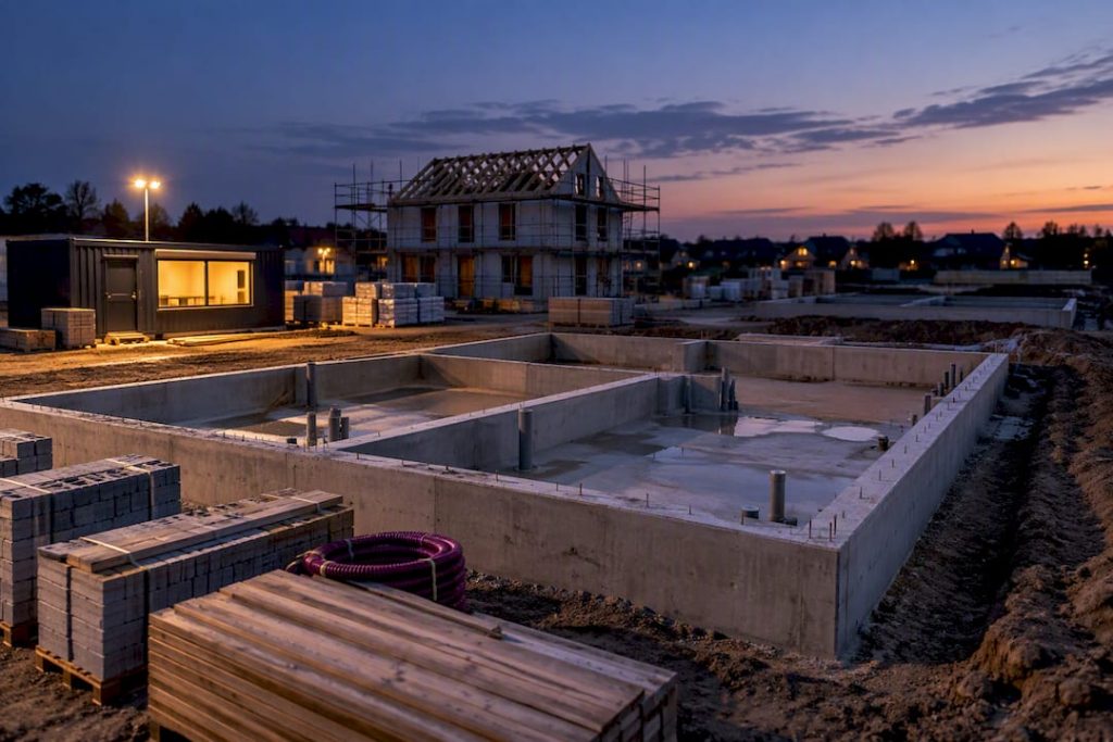 Fundering voor nieuwbouw op een verlichte bouwplaats