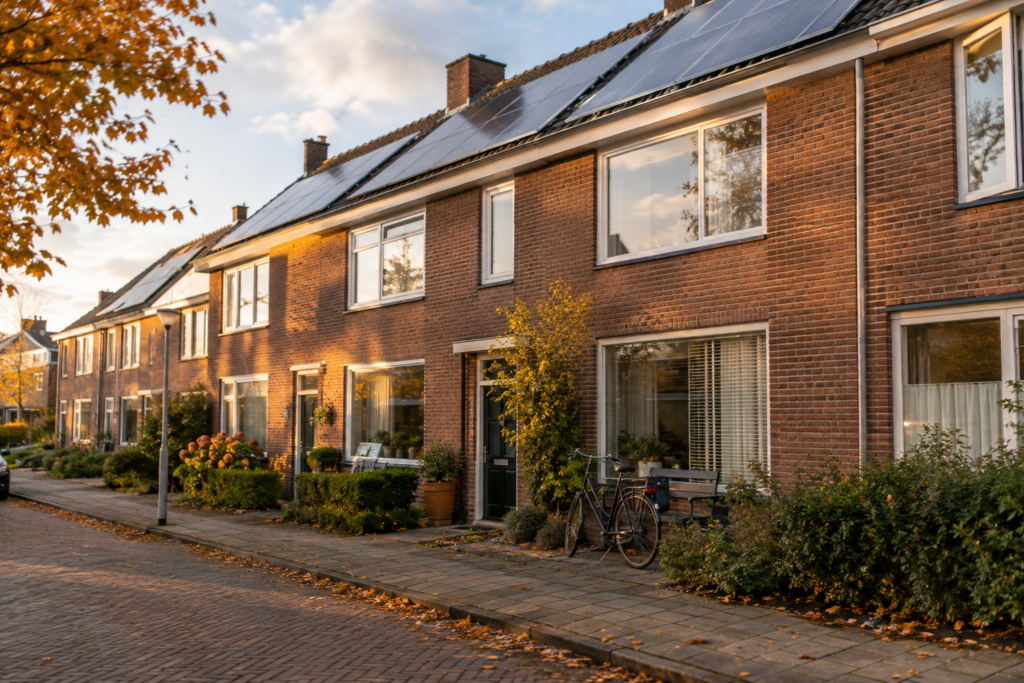 Rijwoning met zonnepanelen in Leeuwarden in de herfst