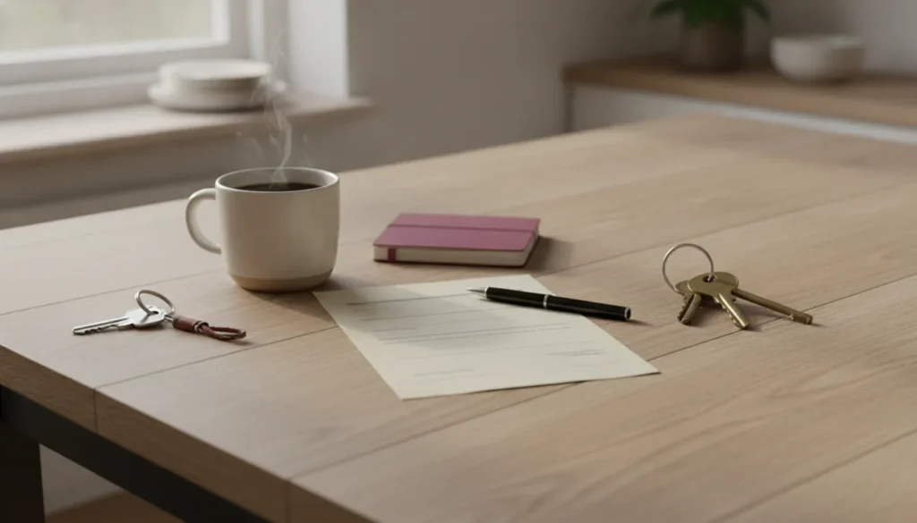 Twee sets huissleutels en een hypotheekdocument op de keukentafel na een scheiding