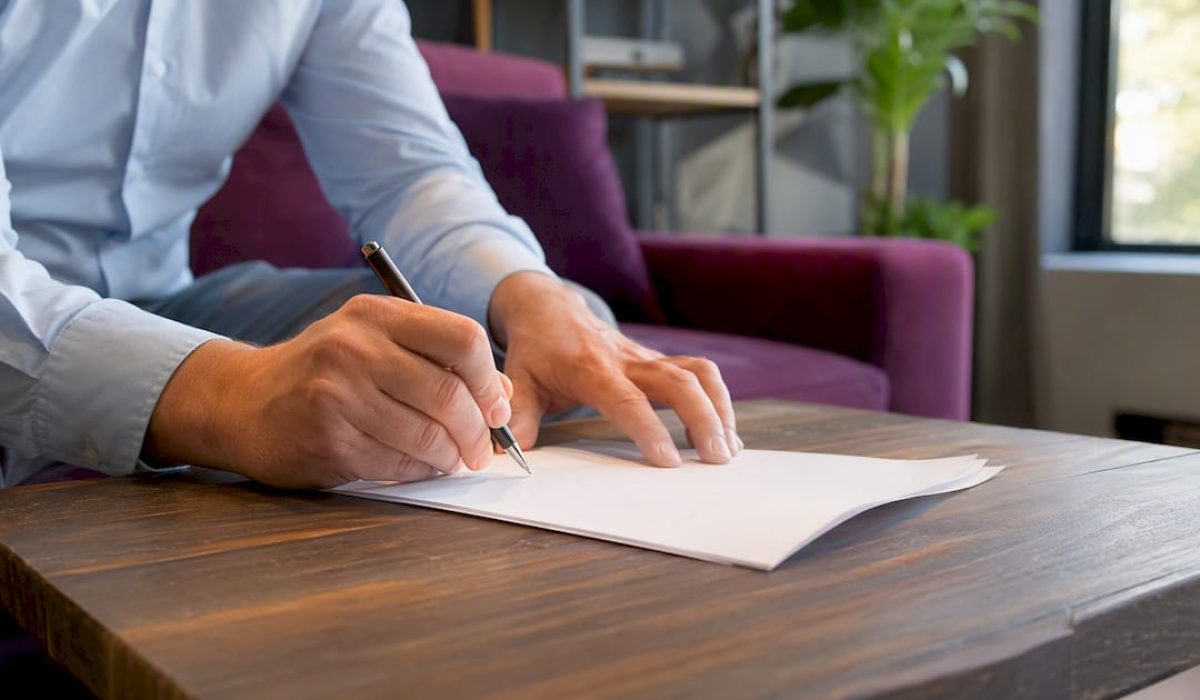 Handen die een transportakte met een pen ondertekenen