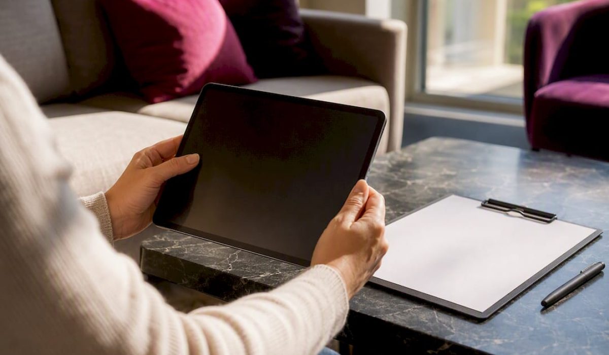 Handen die een tablet vasthouden met een leeg scherm