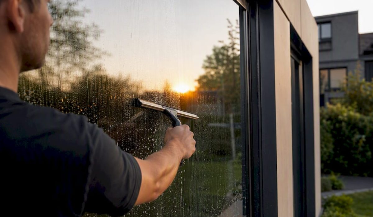 Persoon die een dubbel glas raam schoonmaakt
