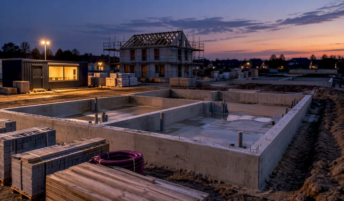 Fundering voor nieuwbouw op een verlichte bouwplaats