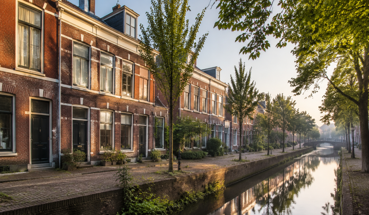 Woningmarkt Leeuwarden 2026: bakstenen woningen aan een gracht in Leeuwarden