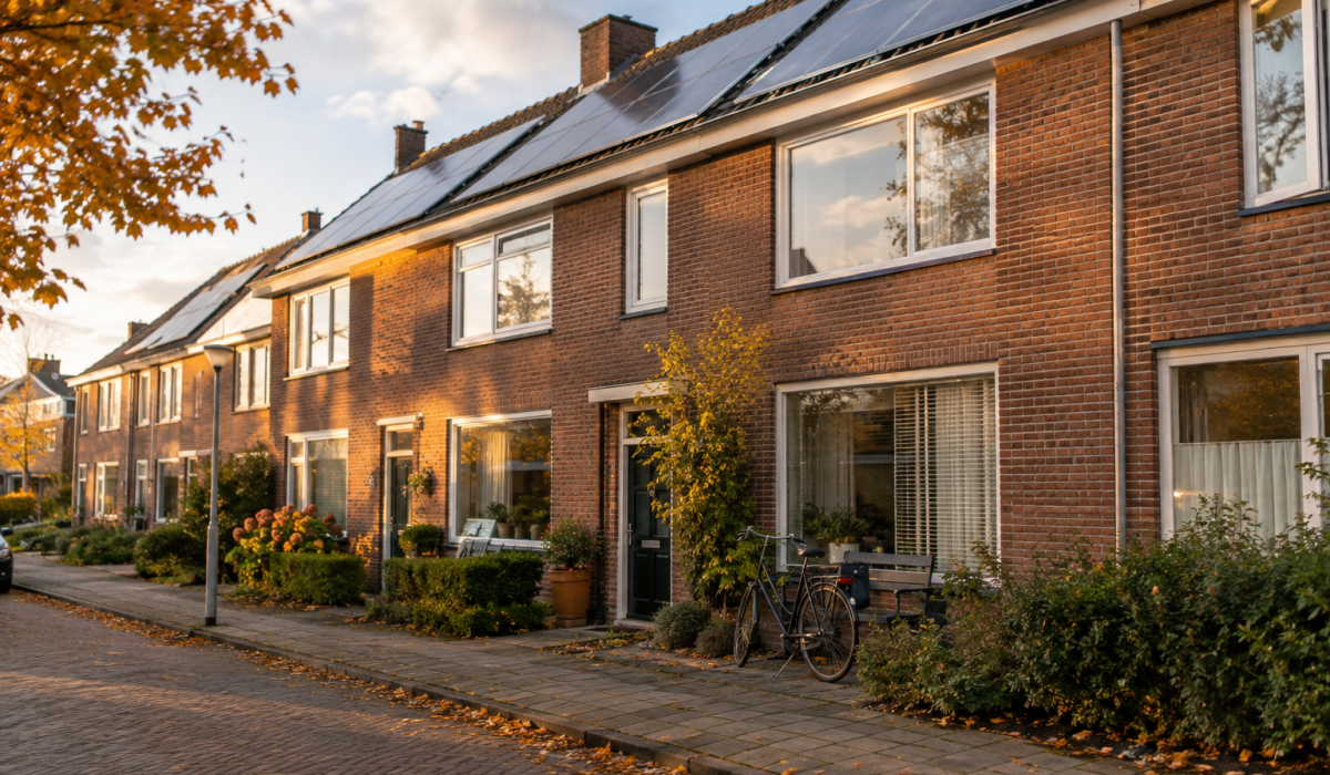 Rijwoning met zonnepanelen in Leeuwarden in de herfst