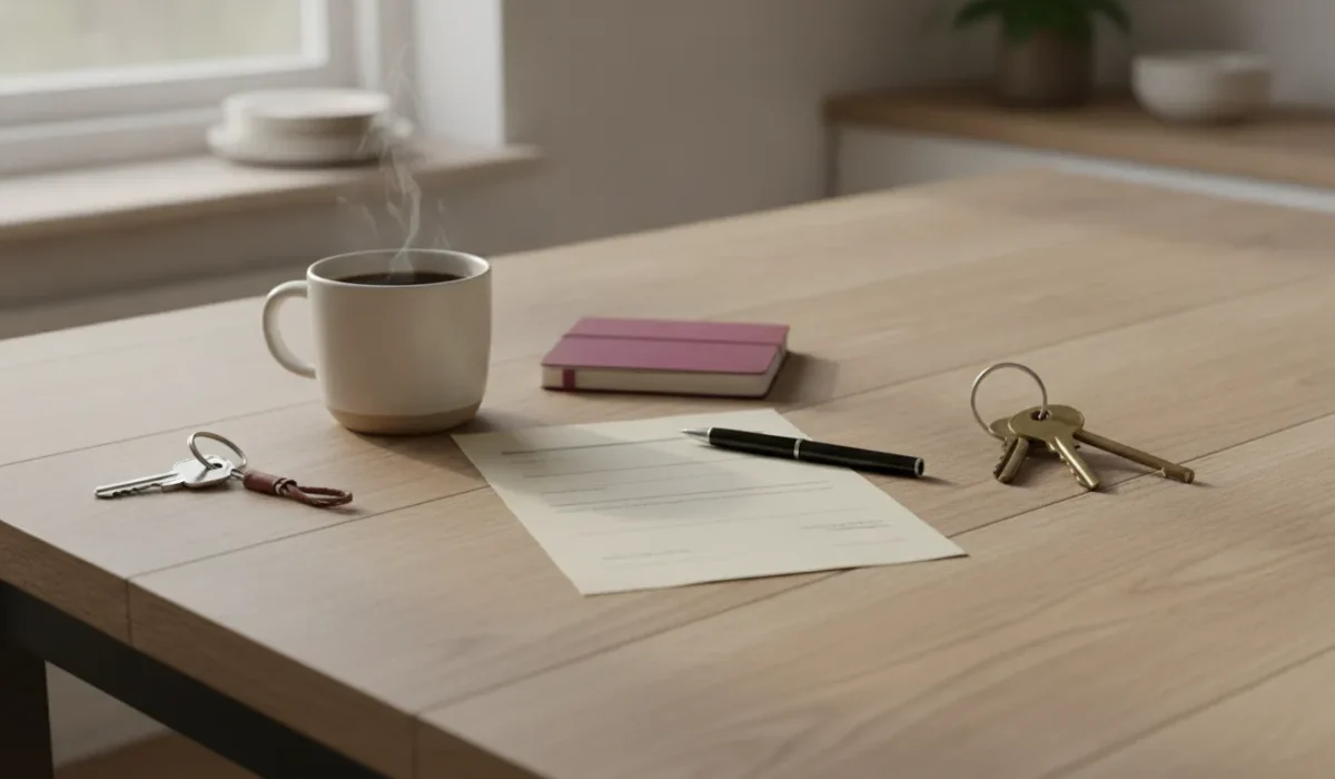 Twee sets huissleutels en een hypotheekdocument op de keukentafel na een scheiding